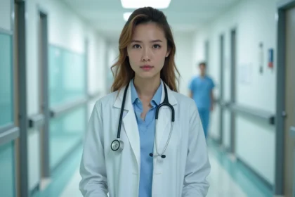 Femme médecin en blouse blanche dans un couloir d'hôpital, évoquant le personnage de Cameron dans la série Dr House