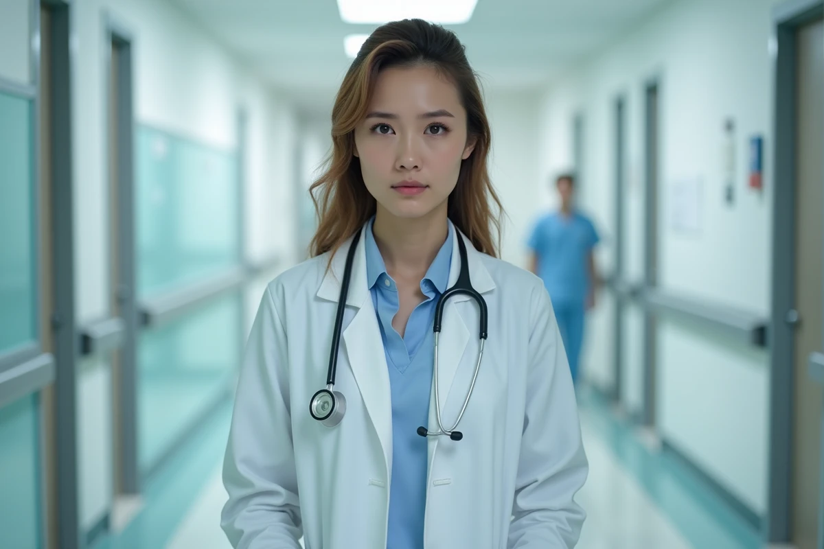 Femme médecin en blouse blanche dans un couloir d'hôpital, évoquant le personnage de Cameron dans la série Dr House