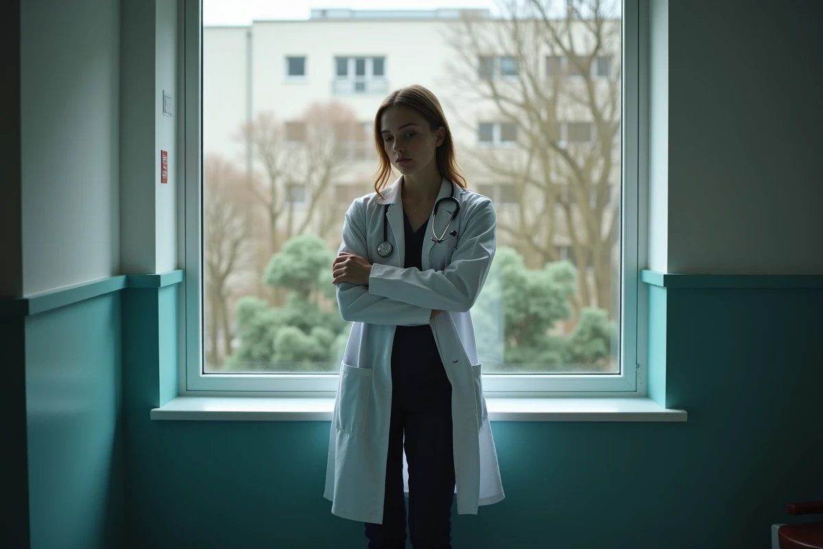 Femme médecin pensive devant une fenêtre d'hôpital, illustrant la dimension émotionnelle et éthique du personnage de Cameron dans Dr House