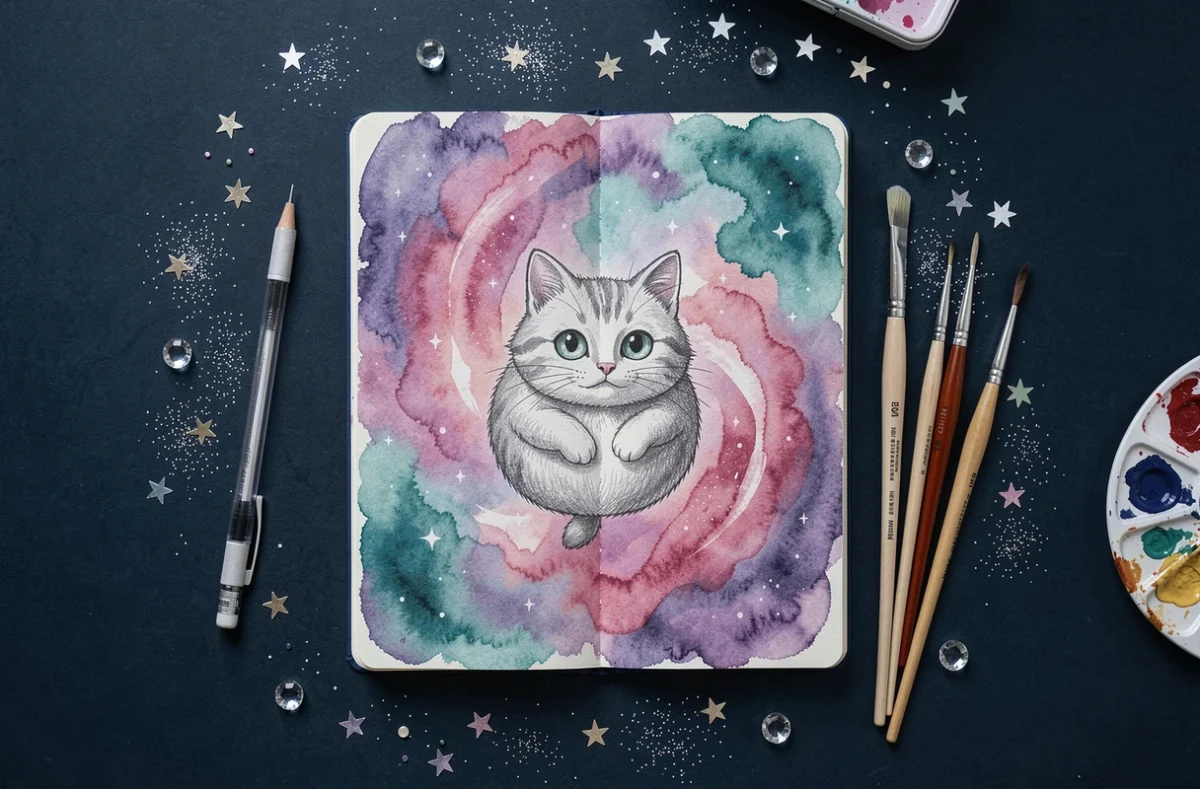 Carnet de croquis ouvert montrant un dessin aquarelle de Mew dans un décor spatial, entouré d'étoiles et d'outils artistiques sur fond bleu marine
