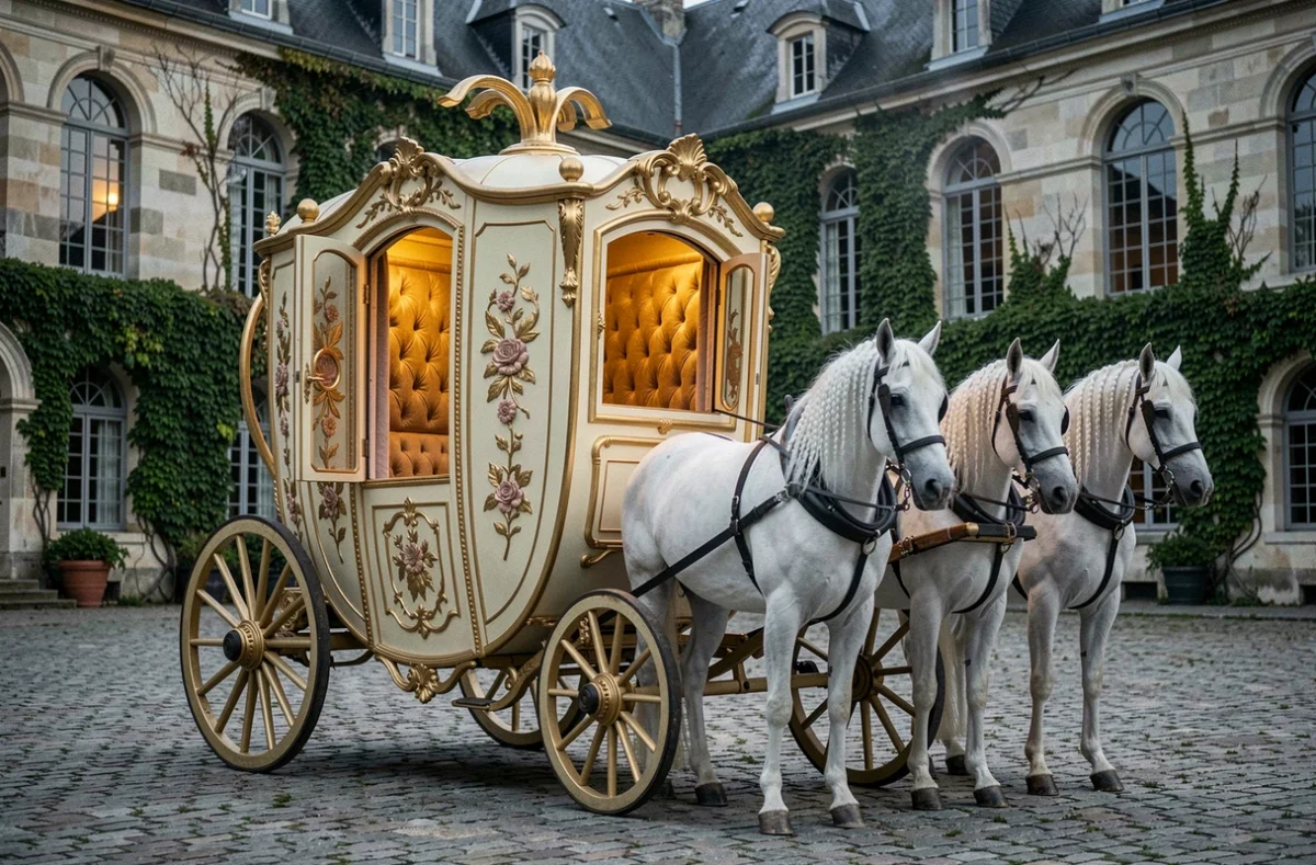 Carrosse doré en forme de citrouille devant un château français du XVIIe siècle, illustration du symbole emblématique du conte Cendrillon de Perrault