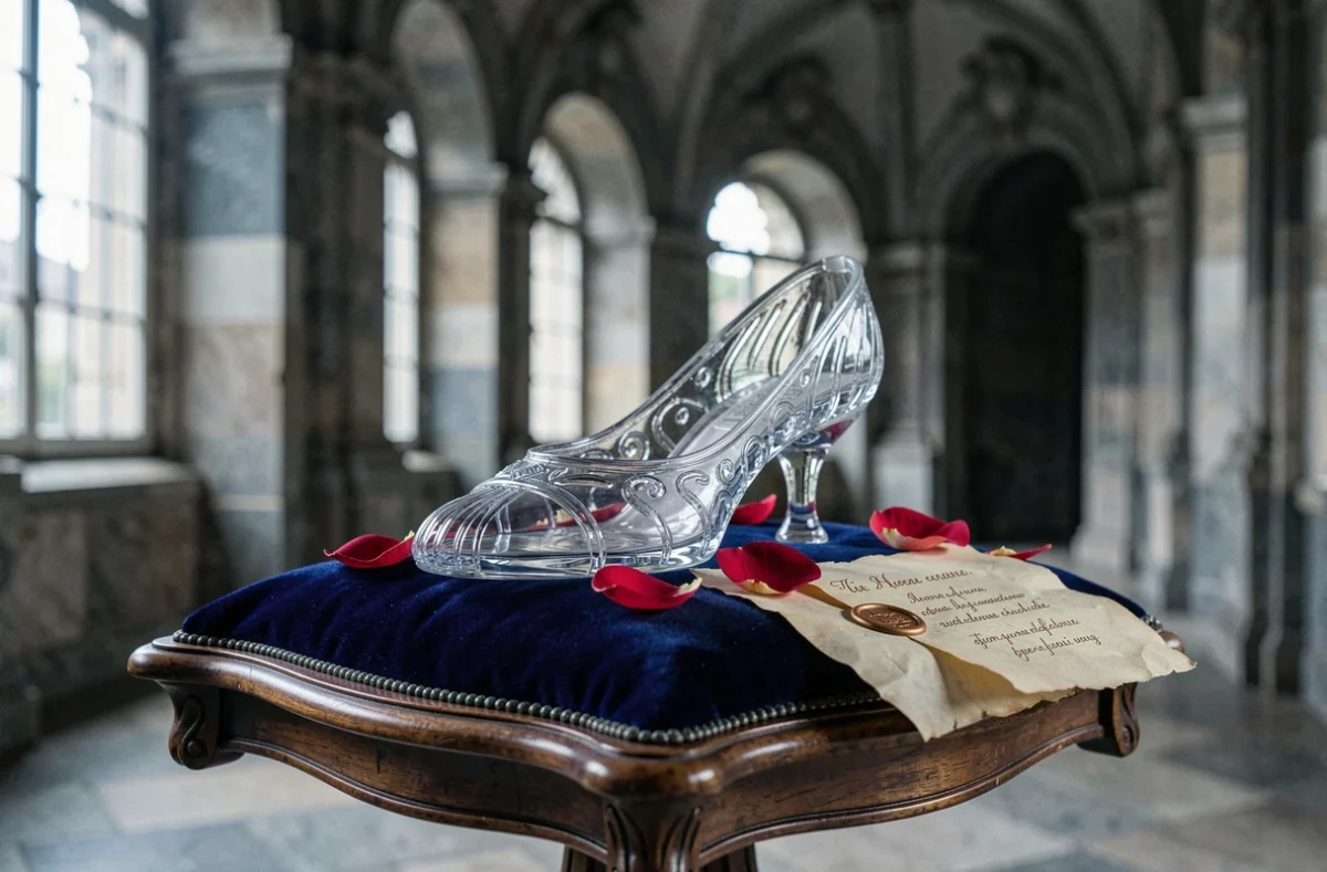 Pantoufle de verre sur coussin de velours bleu dans un hall baroque, symbole clé du conte Cendrillon de Charles Perrault