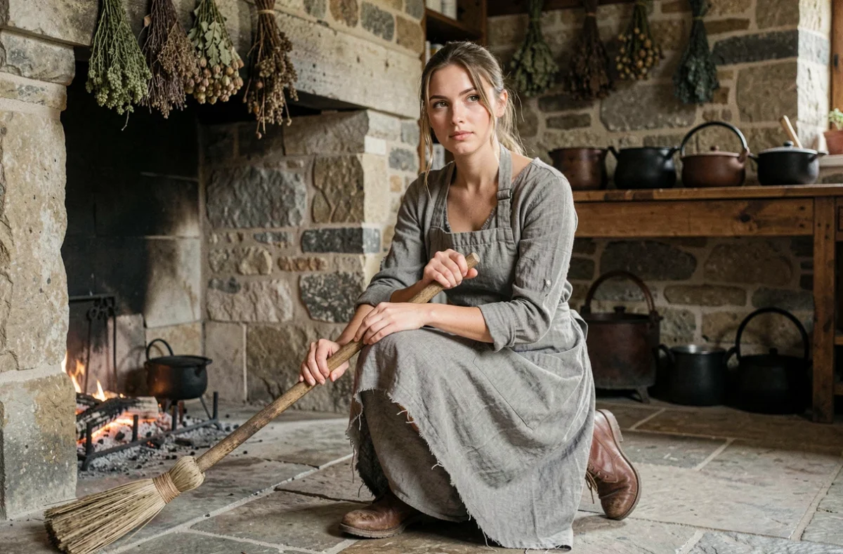 Jeune femme en robe de servante devant une cheminée rustique du XVIIe siècle, évoquant le personnage de Cendrillon par Charles Perrault