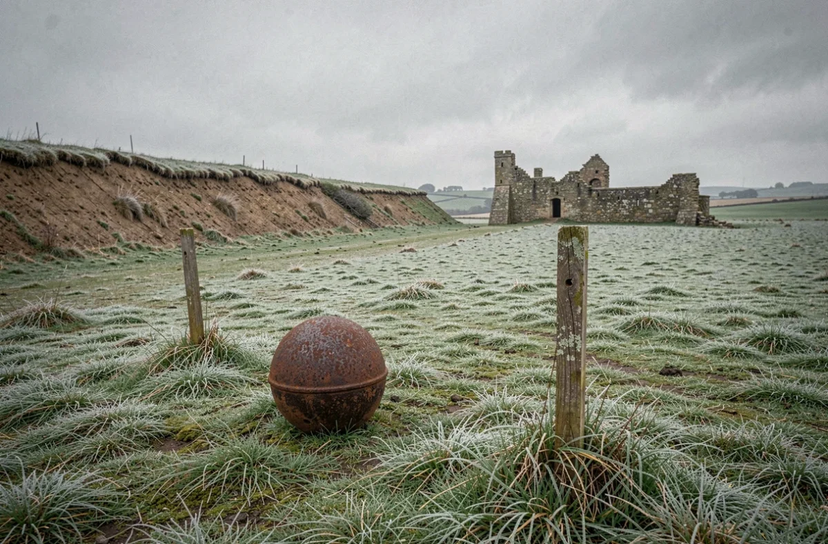Paysage de champ de bataille historique en France avec fortification en ruine et boulet de canon rouillé évoquant un siège du XVIIe siècle