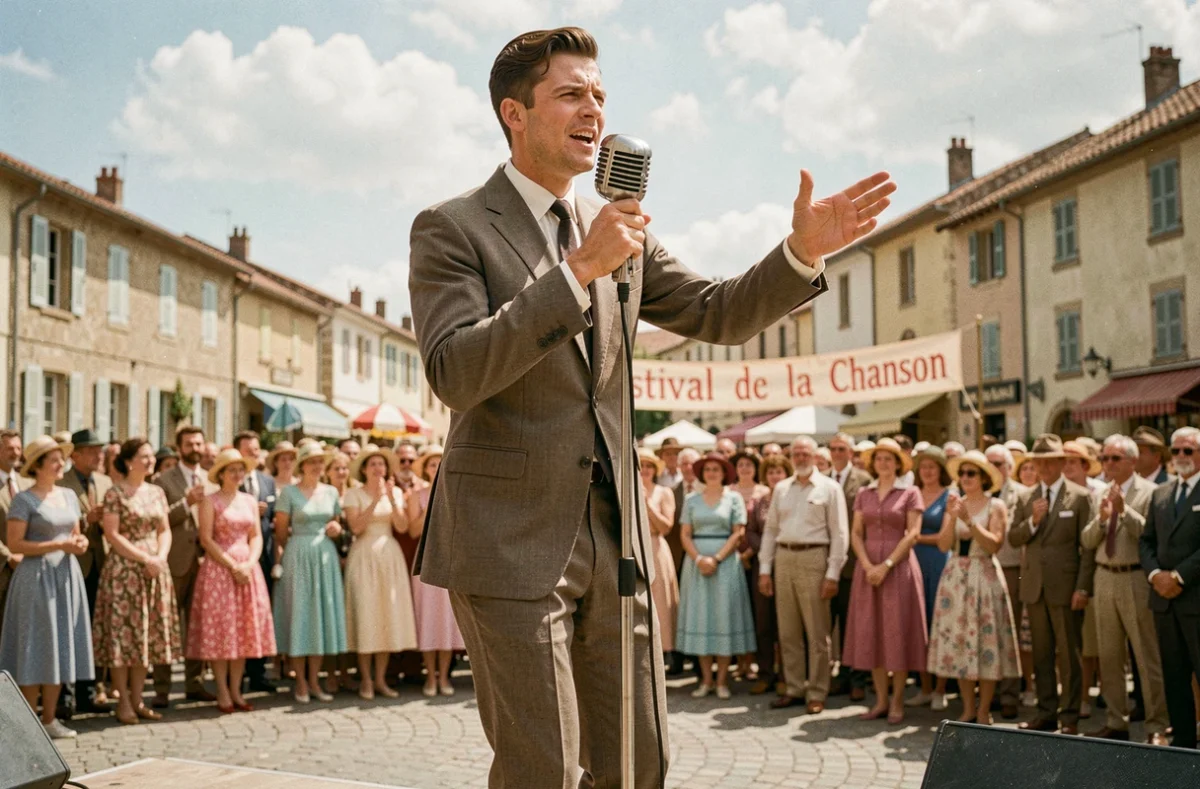 Chanteur français yéyé en costume années 60 sur scène lors d'un festival de chanson française en plein air