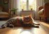 Chat British Shorthair brun détendu sur un sol en bois