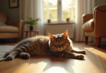 Chat British Shorthair brun détendu sur un sol en bois