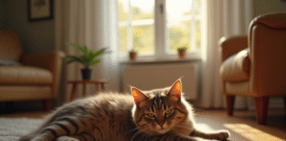 Chat British Shorthair brun détendu sur un sol en bois