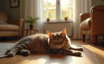 Chat British Shorthair brun détendu sur un sol en bois