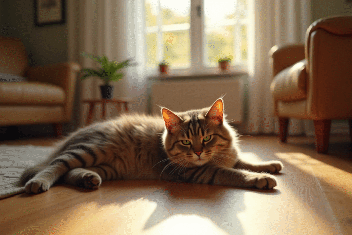 Chat British Shorthair brun détendu sur un sol en bois
