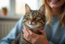 Chat tabby à poil court caressé par une personne souriante dans un salon lumineux