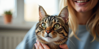 Chat tabby à poil court caressé par une personne souriante dans un salon lumineux