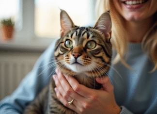 Les chats anti-allergie : mythe ou réalité ? Chat tabby à poil court caressé par une personne souriante dans un salon lumineux