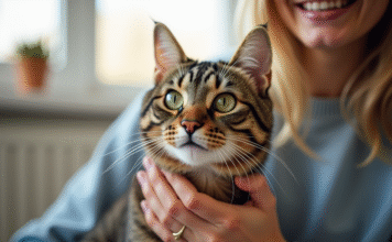 Chat tabby à poil court caressé par une personne souriante dans un salon lumineux