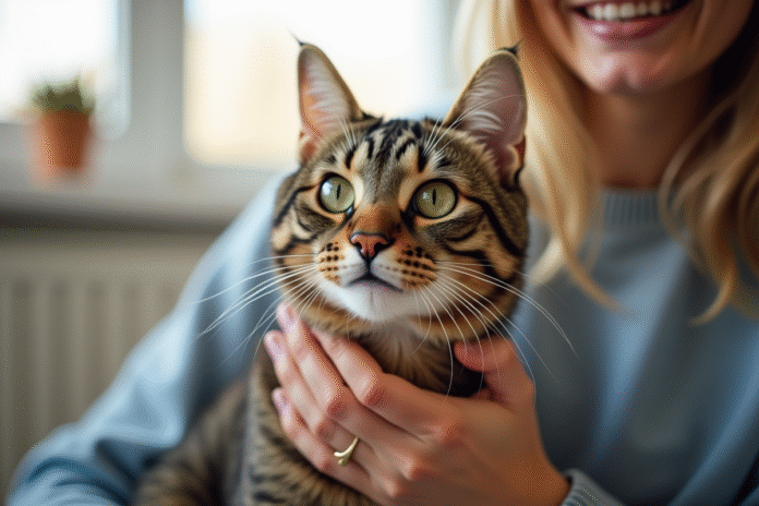 Chat tabby à poil court caressé par une personne souriante dans un salon lumineux