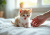 Chaton mignon sur une couverture blanche avec une main tenant une pilule vétérinaire