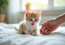 Chaton mignon sur une couverture blanche avec une main tenant une pilule vétérinaire
