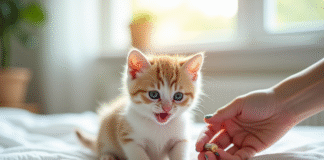 Chaton mignon sur une couverture blanche avec une main tenant une pilule vétérinaire