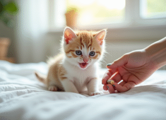 Les dangers des parasites internes chez les chatons : l’importance du vermifuge Chaton mignon sur une couverture blanche avec une main tenant une pilule vétérinaire