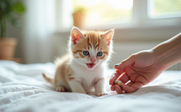 Les dangers des parasites internes chez les chatons : l’importance du vermifuge Chaton mignon sur une couverture blanche avec une main tenant une pilule vétérinaire