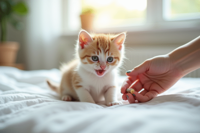 Chaton mignon sur une couverture blanche avec une main tenant une pilule vétérinaire