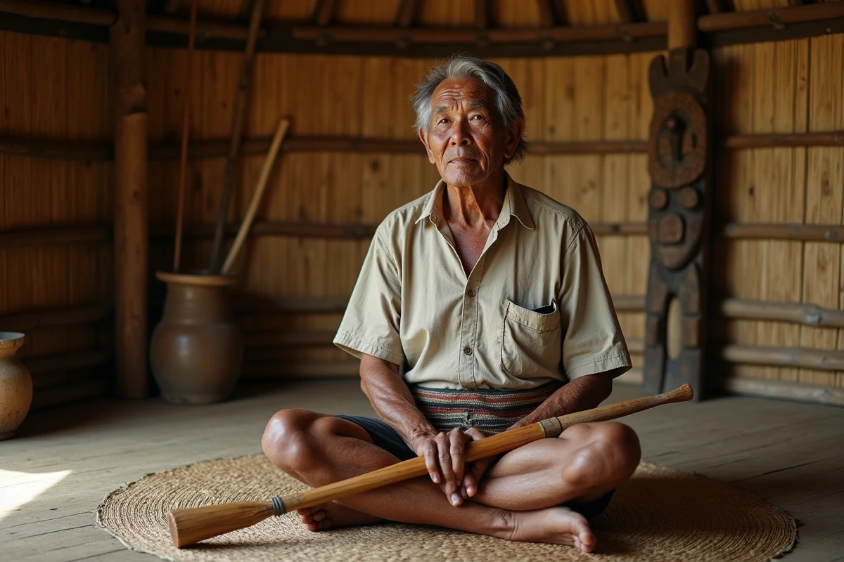 Chef kanak dans une grande case traditionnelle avec bâton sculpté en Nouvelle-Calédonie