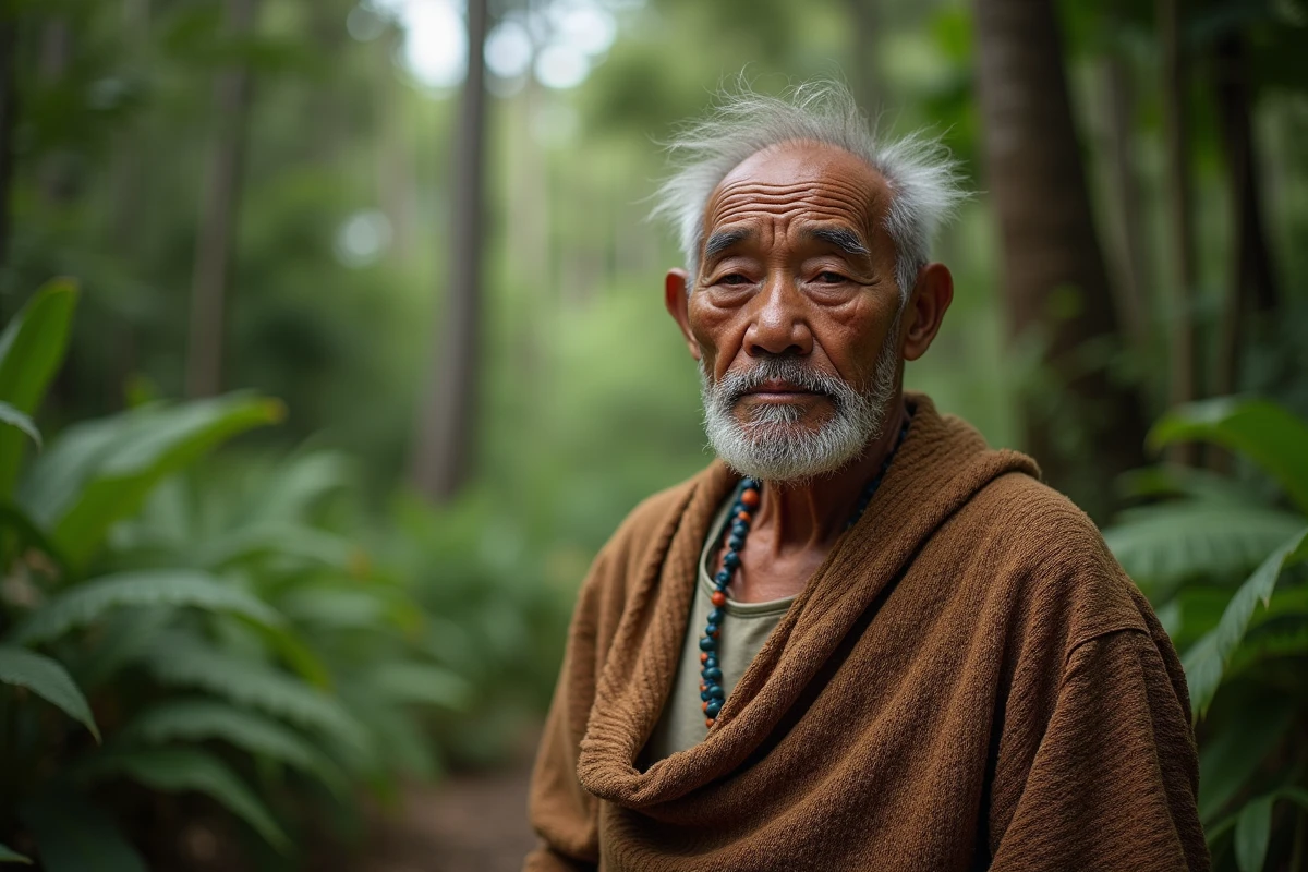 Portrait d'un chef kanak en tenue traditionnelle devant la forêt de Nouvelle-Calédonie