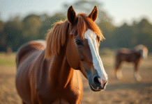 Cheval debout en extérieur avec imperfections naturelles