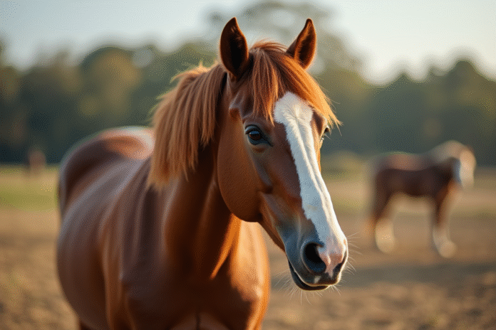 Cheval debout en extérieur avec imperfections naturelles
