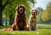 Grand chien Newfoundland assis avec un retriever en parc ensoleille