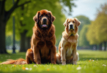 Grand chien Newfoundland assis avec un retriever en parc ensoleille