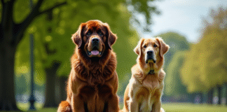 Grand chien Newfoundland assis avec un retriever en parc ensoleille