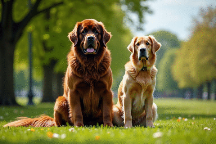 Grand chien Newfoundland assis avec un retriever en parc ensoleille