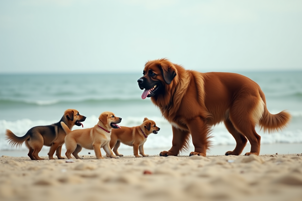 Chien Newfoundland jouant avec petits chiens sur la plage ensoleillee