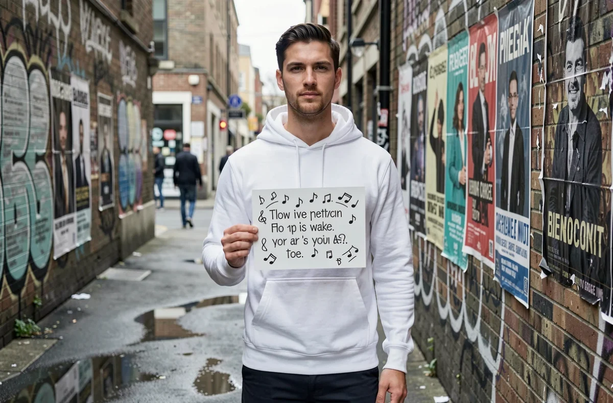 Homme tenant une citation musicale manuscrite devant un mur de graffitis urbains, idéal pour illustrer les meilleures citations musique 2026
