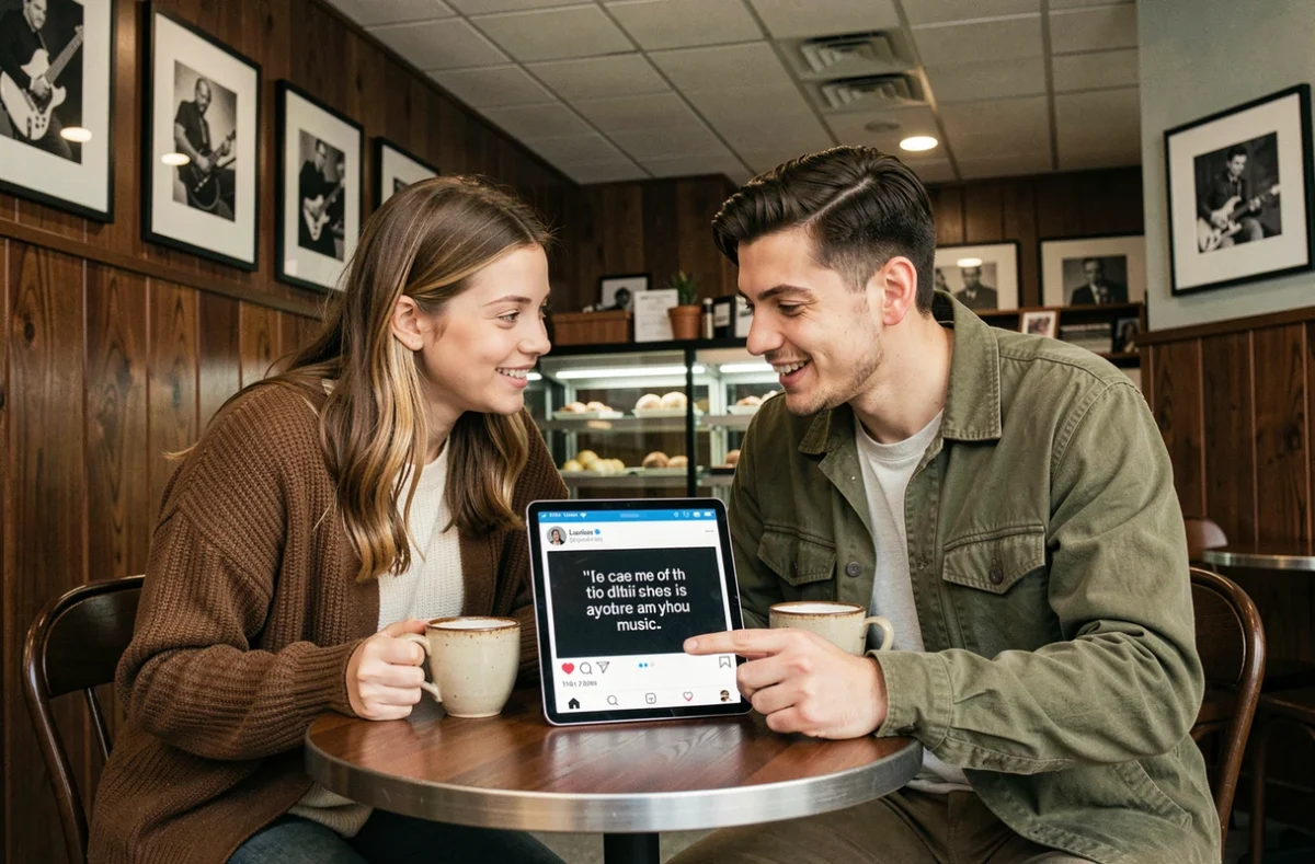 Deux amis dans un café consultant des citations musicales incontournables sur une tablette, parfait pour les réseaux sociaux en 2026