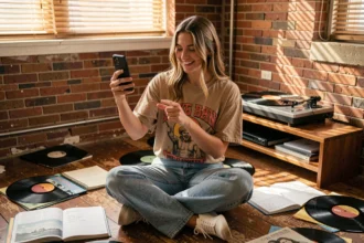 Jeune femme assise sur un parquet avec des vinyles et un smartphone, illustrant les citations musicales pour les réseaux sociaux en 2026