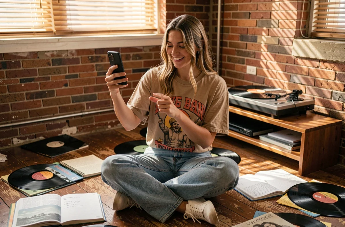 Jeune femme assise sur un parquet avec des vinyles et un smartphone, illustrant les citations musicales pour les réseaux sociaux en 2026