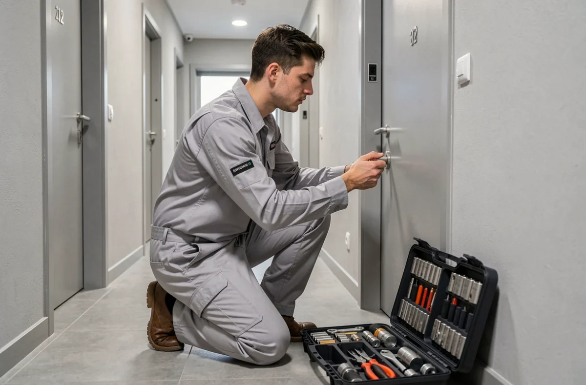Serrurier Clef Aix Press changeant rapidement un cylindre de serrure sur une porte d'appartement moderne dans un couloir contemporain