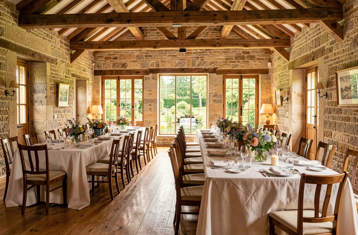 Salle de réception du Clos de la Source avec murs en pierre, poutres apparentes et vue sur un jardin naturel