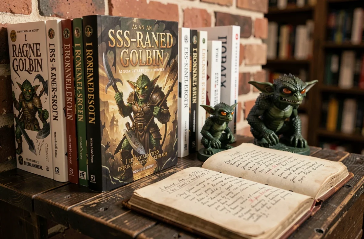 Collection de mangas et figurines du gobelin SSS rangés sur une étagère en bois sombre avec un carnet de notes fantasy ouvert au premier plan