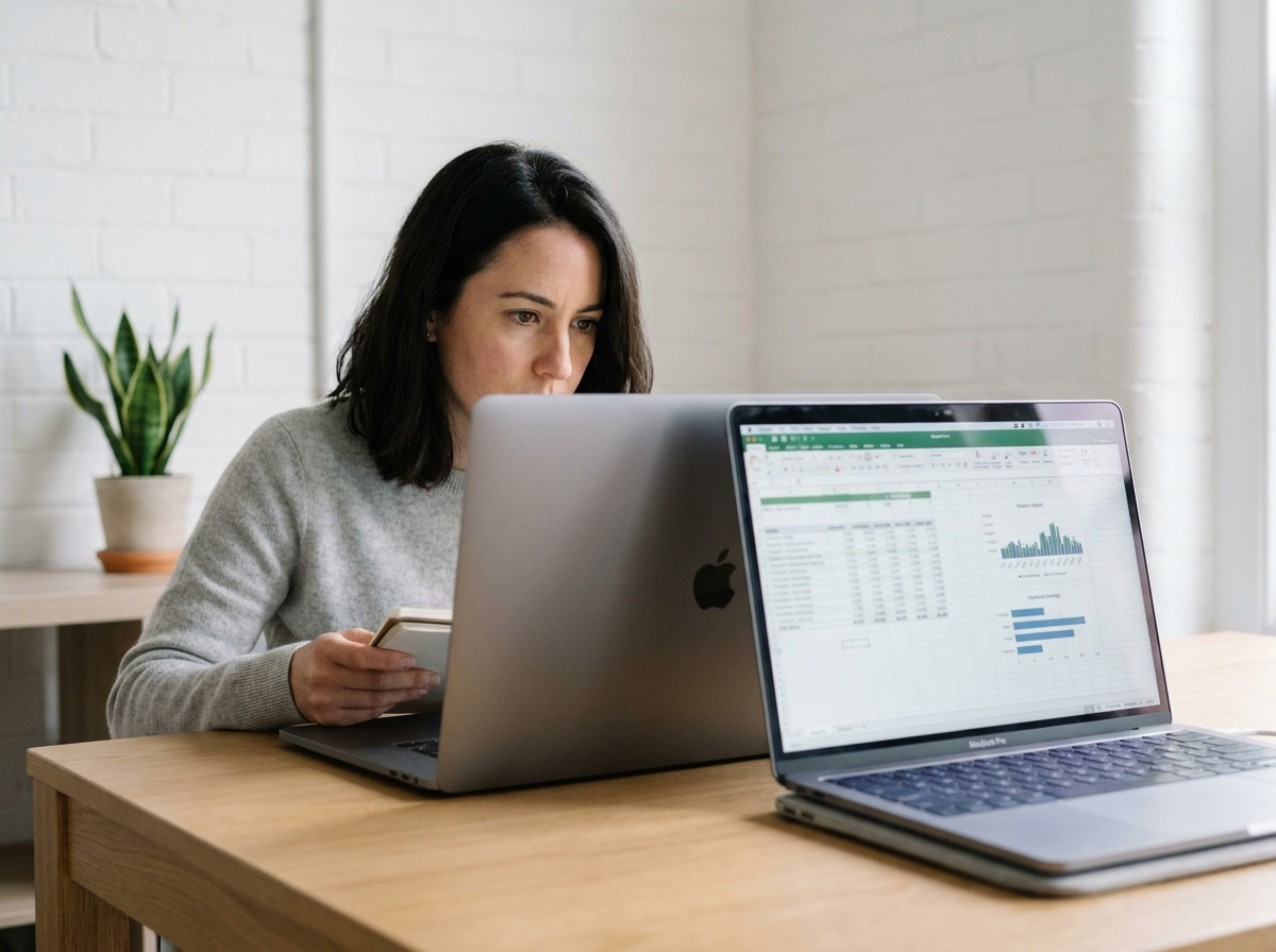 Femme comparant deux modèles de MacBook Pro côte à côte sur un bureau en bois