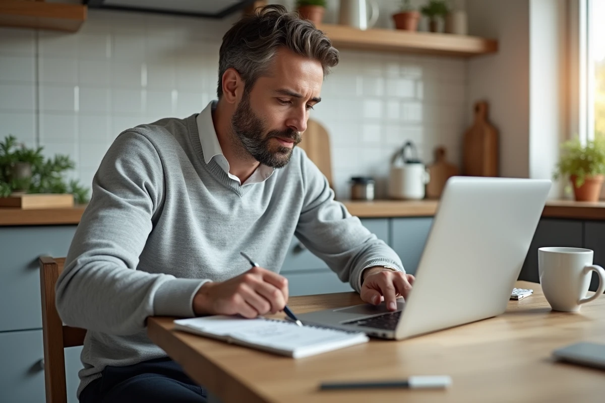 Homme comparant les prix de cartouches de tabac en ligne depuis chez lui avec un ordinateur portable et des notes manuscrites