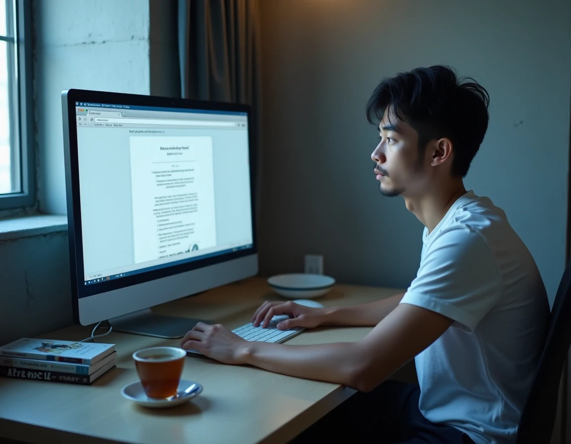 Homme adulte consultant un site de scan de manga sur grand écran dans un appartement moderne avec des volumes empilés sur le bureau