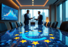 Réunion d'affaires avec symboles européens et euros