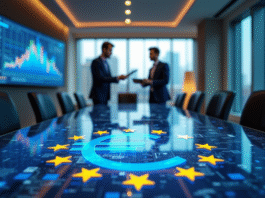 Réunion d'affaires avec symboles européens et euros