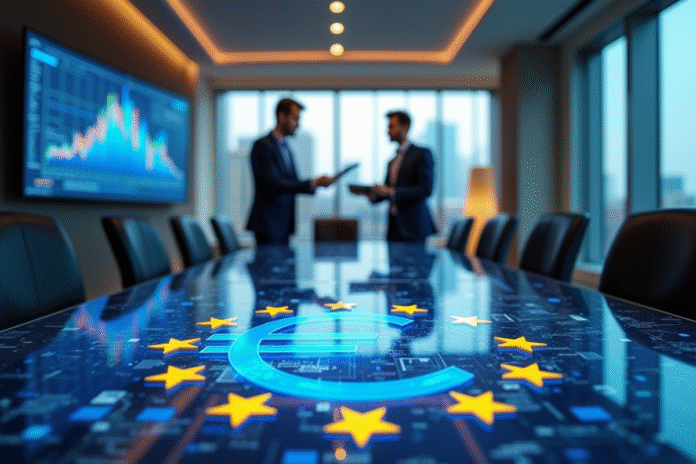 Réunion d'affaires avec symboles européens et euros
