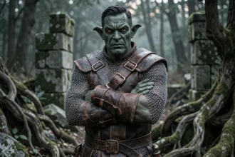 Cosplayer déguisé en guerrier gobelin SSS avec maquillage prothétique vert sombre et armure en cuir teinté dans un décor de forêt mystérieuse
