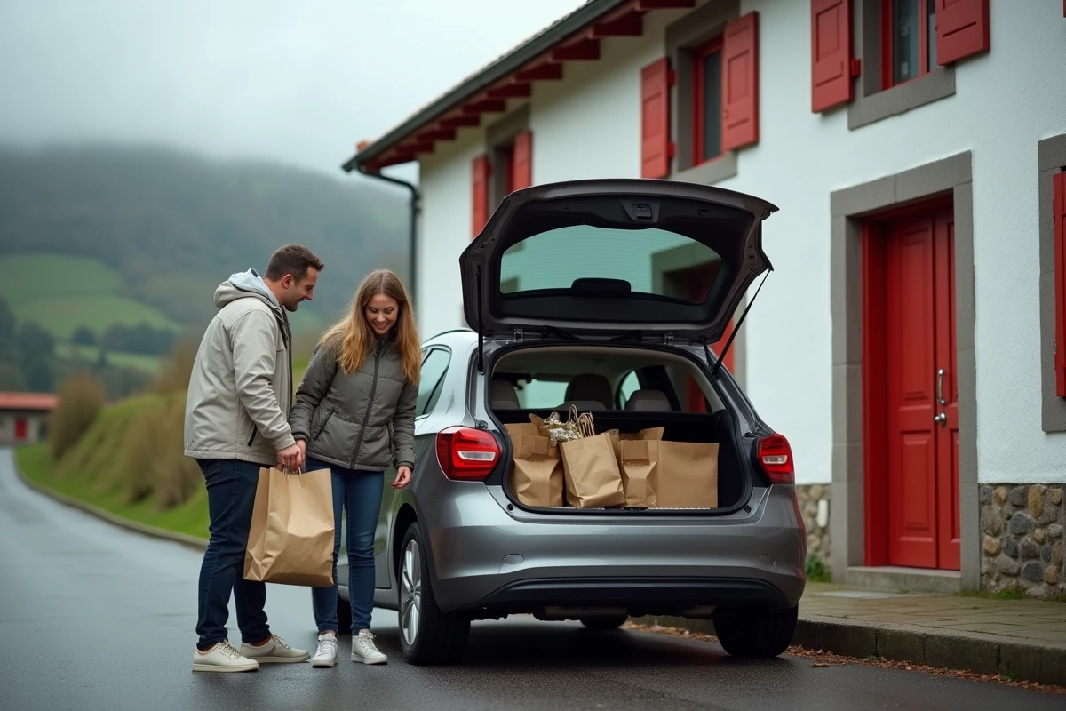Couple chargeant des achats dans leur voiture devant une venta basque à Dantxaria, façade blanche aux volets rouges en arrière-plan