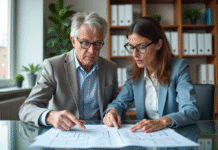 Couple d'adultes examinant des documents de prêt immobilier